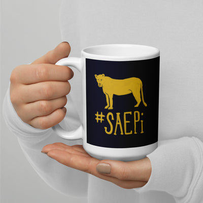 Sigma Alpha Epsilon Pi Lioness Mug in 15 oz size in model's hands
