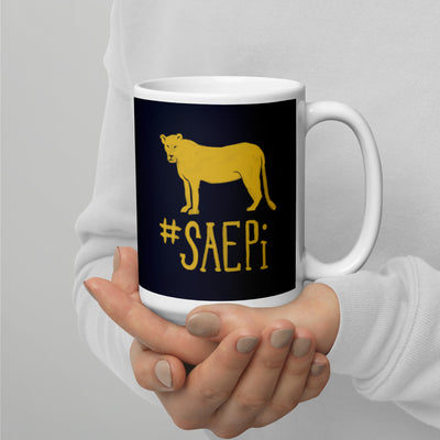 Sigma Alpha Epsilon Pi Lioness Mug in 15 oz size in woman's hands