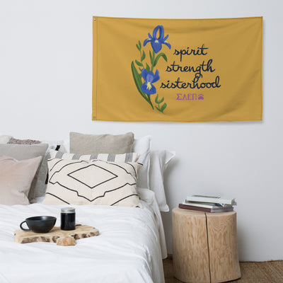 Sigma Alpha Epsilon Pi Motto Flag shown in bedroom setting on wall