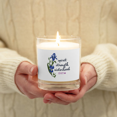 Sigma Alpha Epsilon Pi Motto Glass Soy Candle showing front of candle lit in model's hands