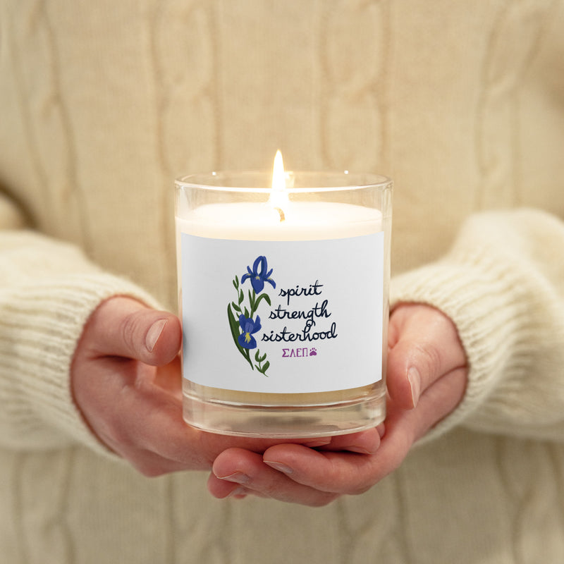 Sigma Alpha Epsilon Pi Motto Glass Soy Candle showing front of candle lit in model&