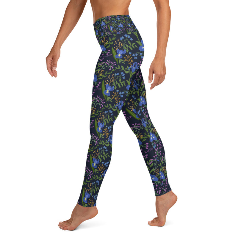 Sigma Alpha Epsilon Pi Floral Print Yoga Leggings, Navy Blue shown on model walking