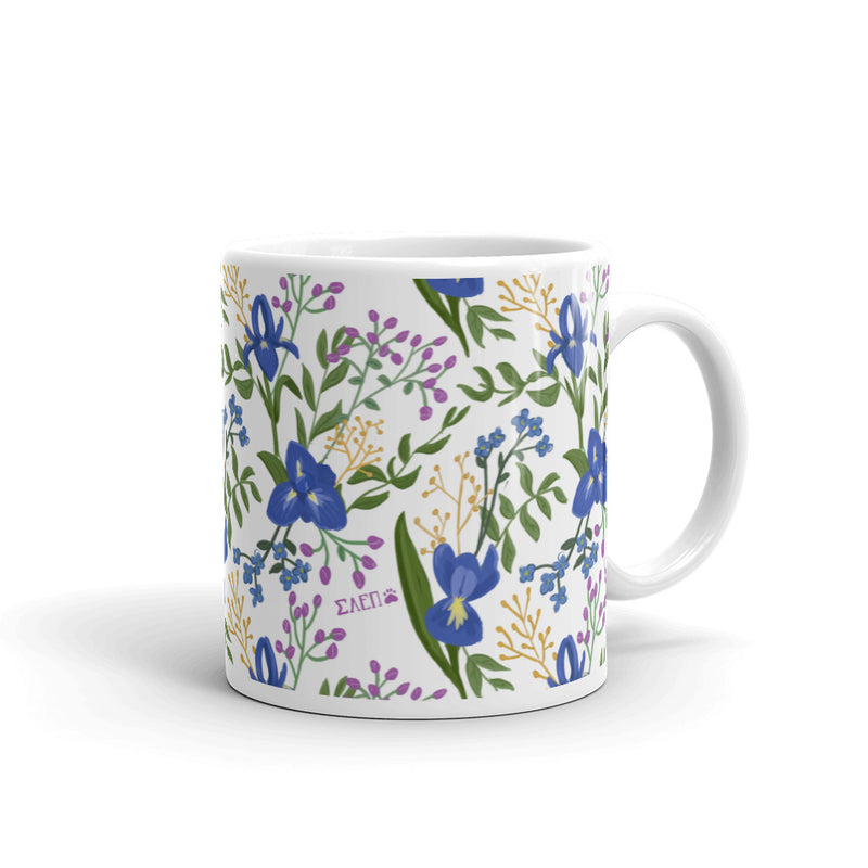 Sigma Alpha Epsilon Pi White Floral Mug in 11 oz size with handle on right