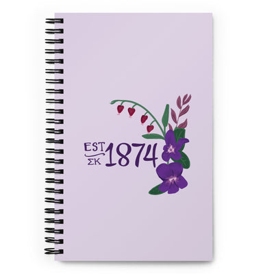 Sigma Kappa 1874 Spiral Notebook showing hand drawn design in lavender in full view