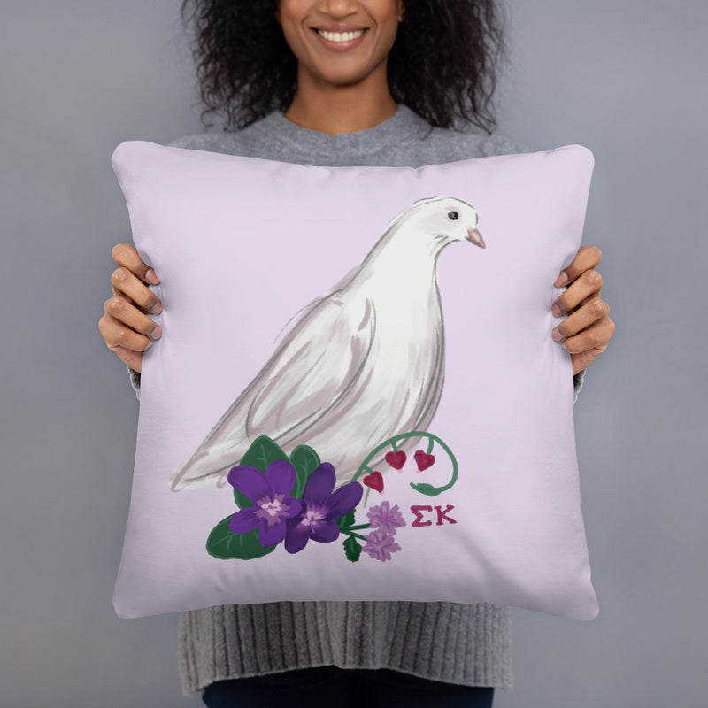 Sigma Kappa Dove Mascot Reversible Pillow in lavender in 18" x 18" size in model&