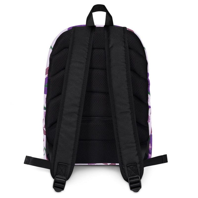 Sigma Kappa violet print backpack with a light purple background showing back of bag