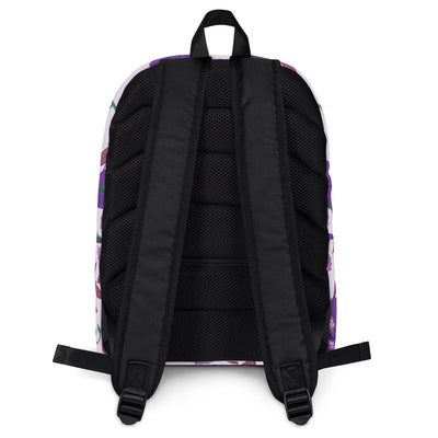 Sigma Kappa violet print backpack with a lavender background showing back of bag