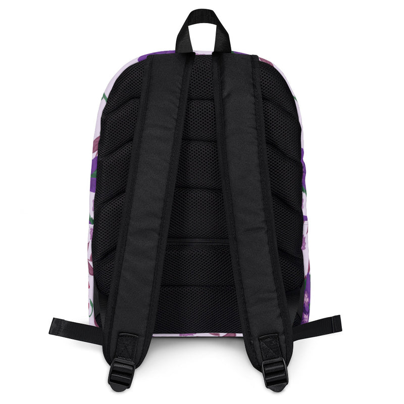 Sigma Kappa violet print backpack with a lavender background showing back of bag