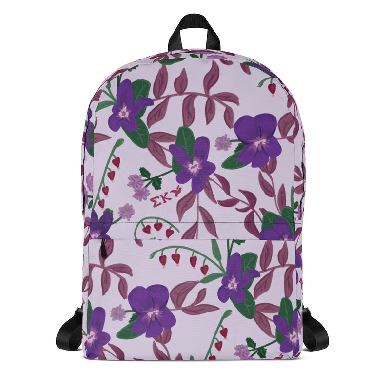 Sigma Kappa violet print backpack in lavender showing hand-drawn design