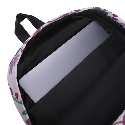 Sigma Kappa violet print backpack in lavender showing inside pocket for laptop