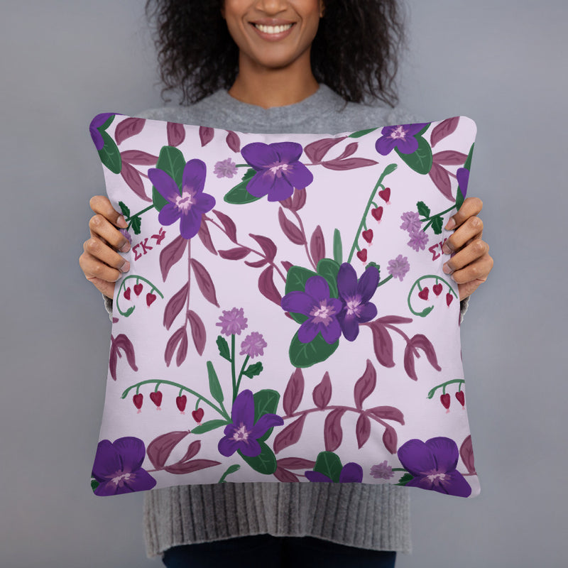 Back of Sigma Kappa Live With Heart Reversible Pillow showing violet floral print