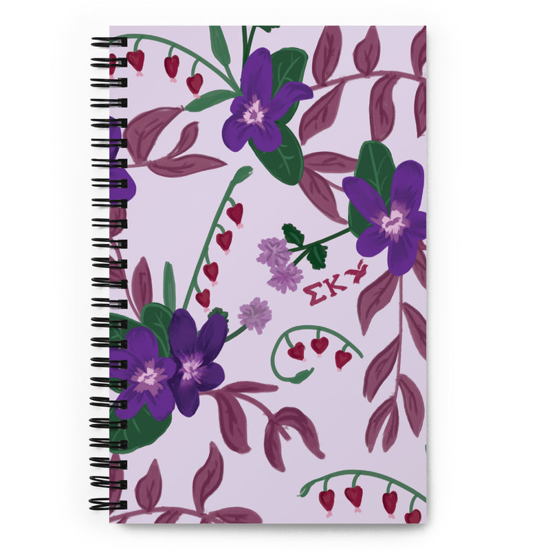 Sigma Kappa Violet Floral Print Spiral Notebook showing hand drawn floral print design