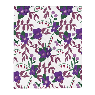 Sigma Kappa Violet Floral Print Blanket in white with violet floral print shown in full view