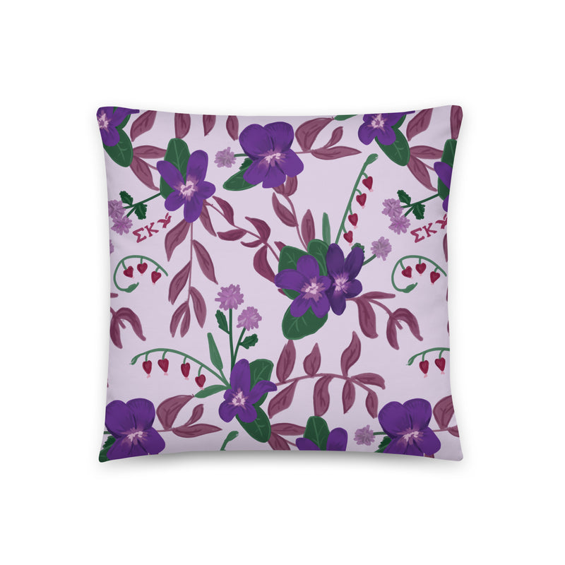 Sigma Kappa violet throw pillow close up showing Sig Kap flower, Greek letters and colors.