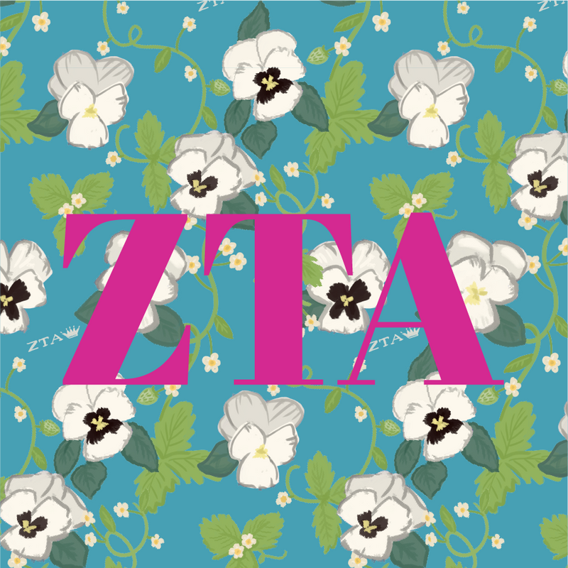 Zeta Tau Alpha Sorority Stickers with Greek letters and violet floral print