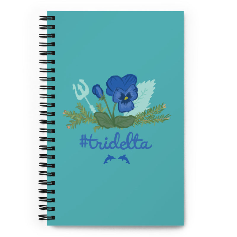 Tri Delta Pansy, Pine and Poseidon Spiral Notebook showing hand drawn design