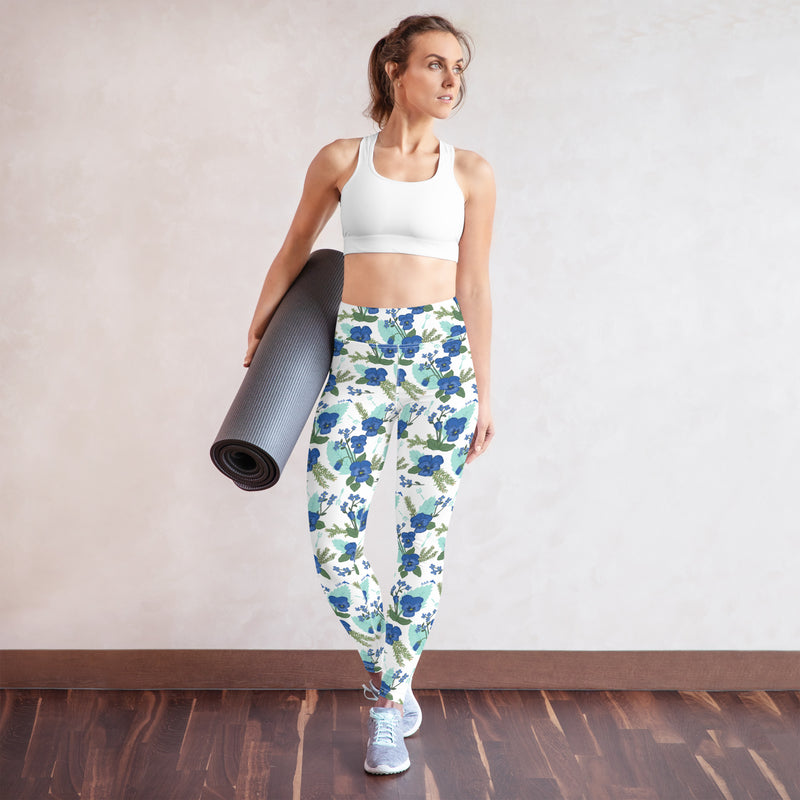 Tri Delta Pansy Floral Print White Yoga Leggings showing front on yogini