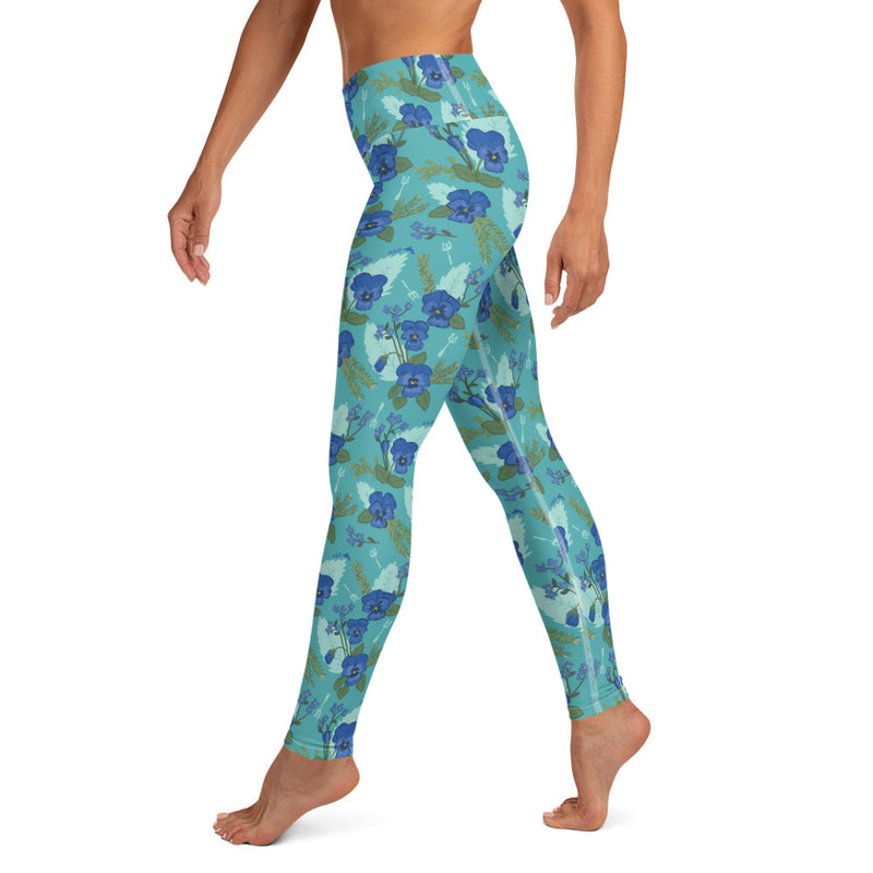 Tri Delta Pansy Floral Print Blue Yoga Leggings showing model walking