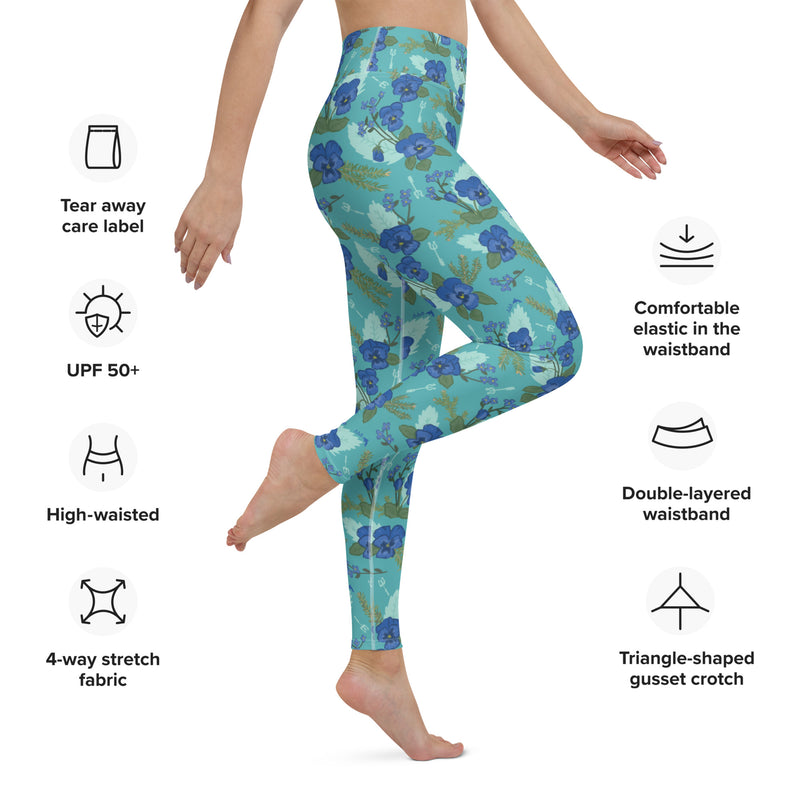 Tri Delta Pansy Floral Print Blue Yoga Leggings showing product details