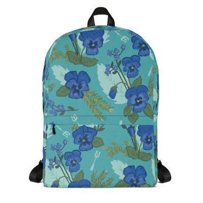Tri Delta floral print backpack with a teal background, front. 