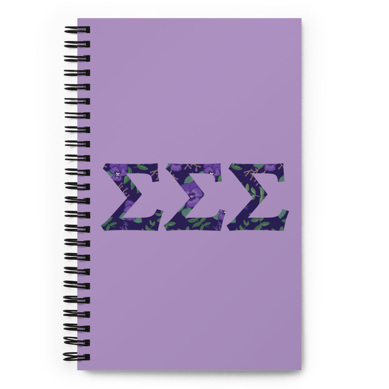 Tri Sigma Greek Letters Spiral Notebook showing letters filled with hand drawn floral print