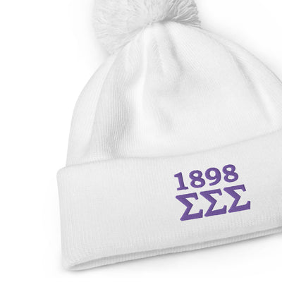 Tri Sigma 1898 Founding Year Pom Pom Beanie in white showing product detail