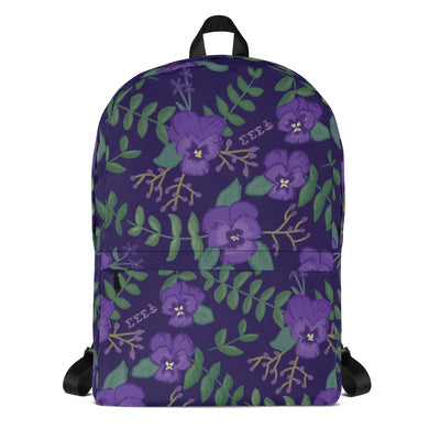 Tri Sigma violet floral print backpack with a purple background.
