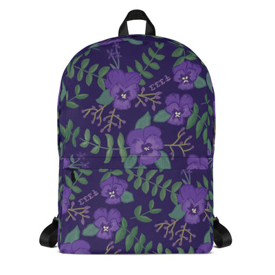 Tri Sigma violet floral print backpack win purple shown in full view with Tri Sig letters