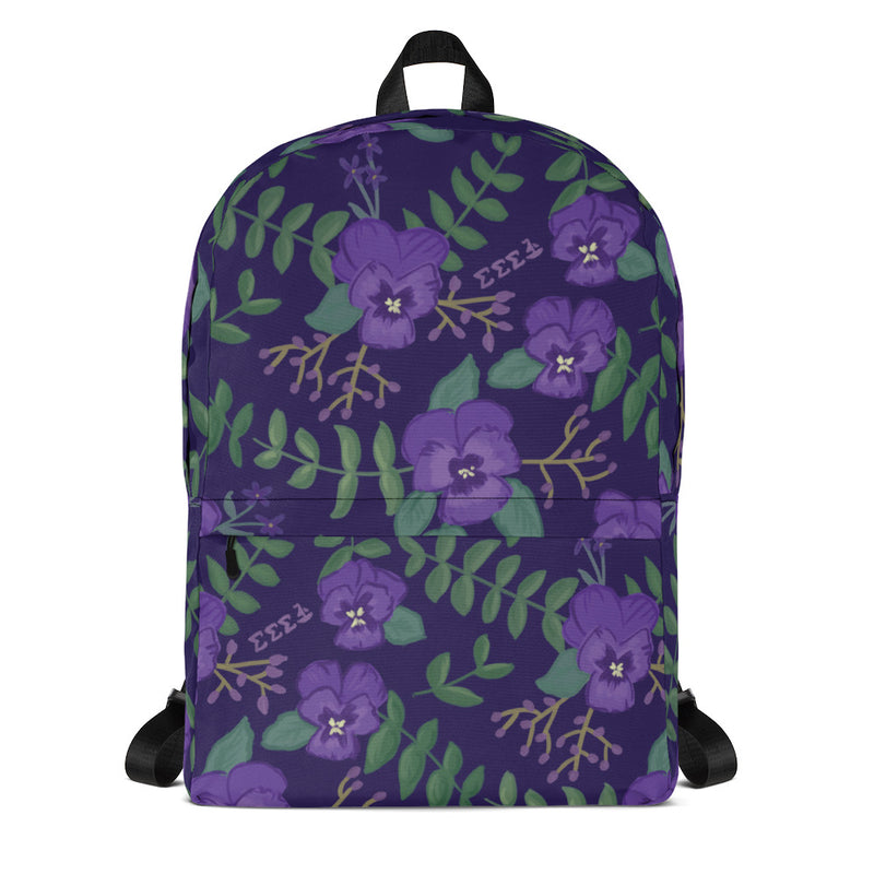 Tri Sigma violet floral print backpack win purple shown in full view with Tri Sig letters