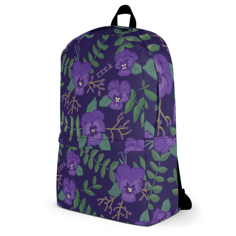 Tri Sigma violet floral print backpack with a purple background in side view