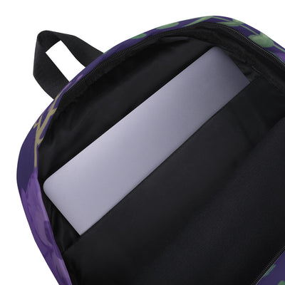 Tri Sigma violet floral print backpack showing interior laptop compartment