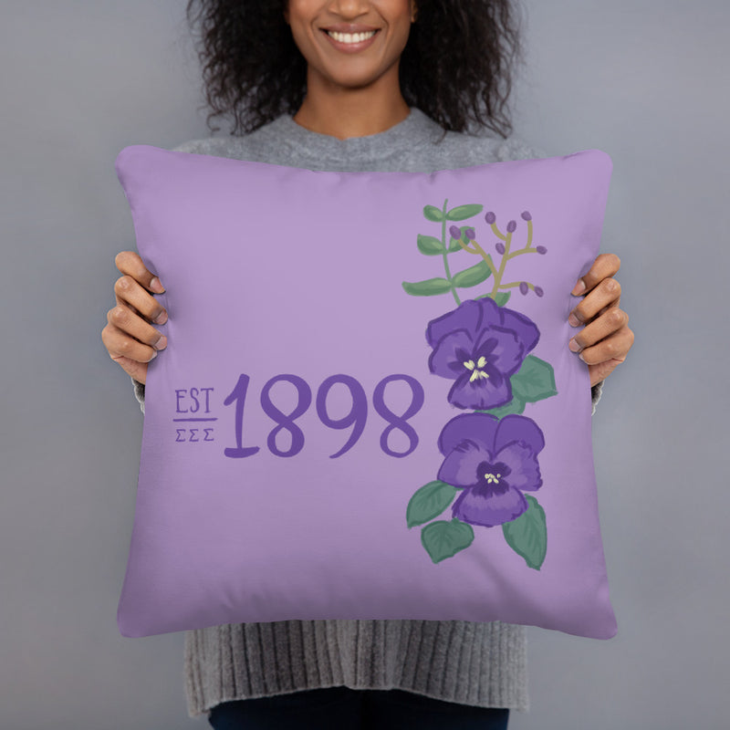 Tri Sigma 1898 Reversible Pillow shown in 18" x 18" size shown in model&