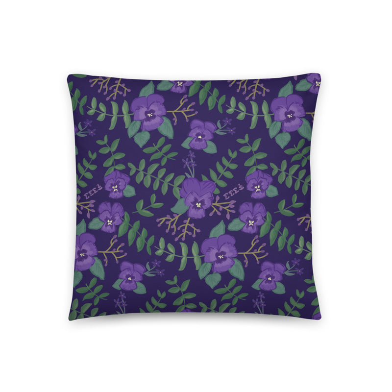 Tri Sigma Purple Violet Floral Print Pillow showing hand drawn design