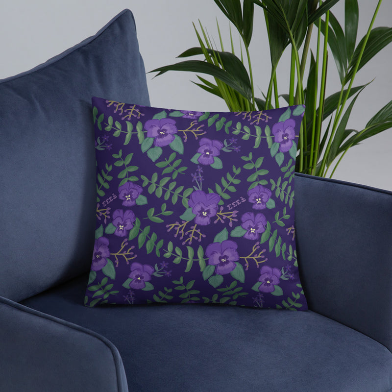 Tri Sigma Purple Violet Floral Print Pillow shown on chair