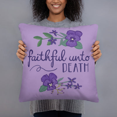 Tri Sigma Sorority Motto Pillow in light purple shown in model's hands