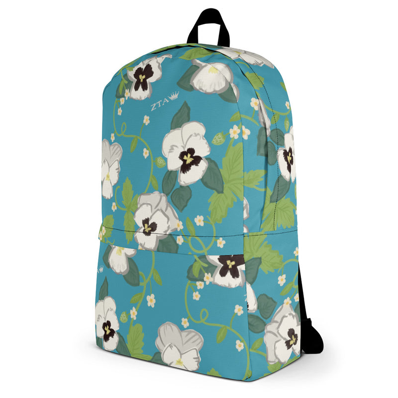 Zeta Tau Alpha Floral Print Backpack, Turquoise showing side view