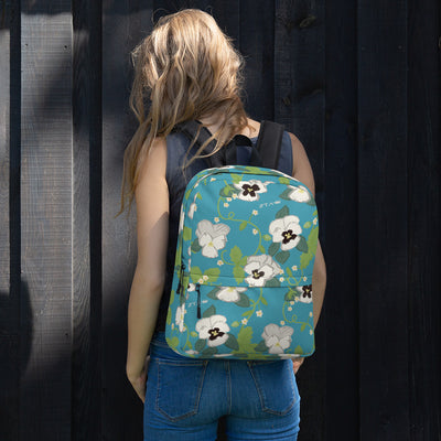 Zeta Tau Alpha Floral Print Backpack, Turquoise on model's back
