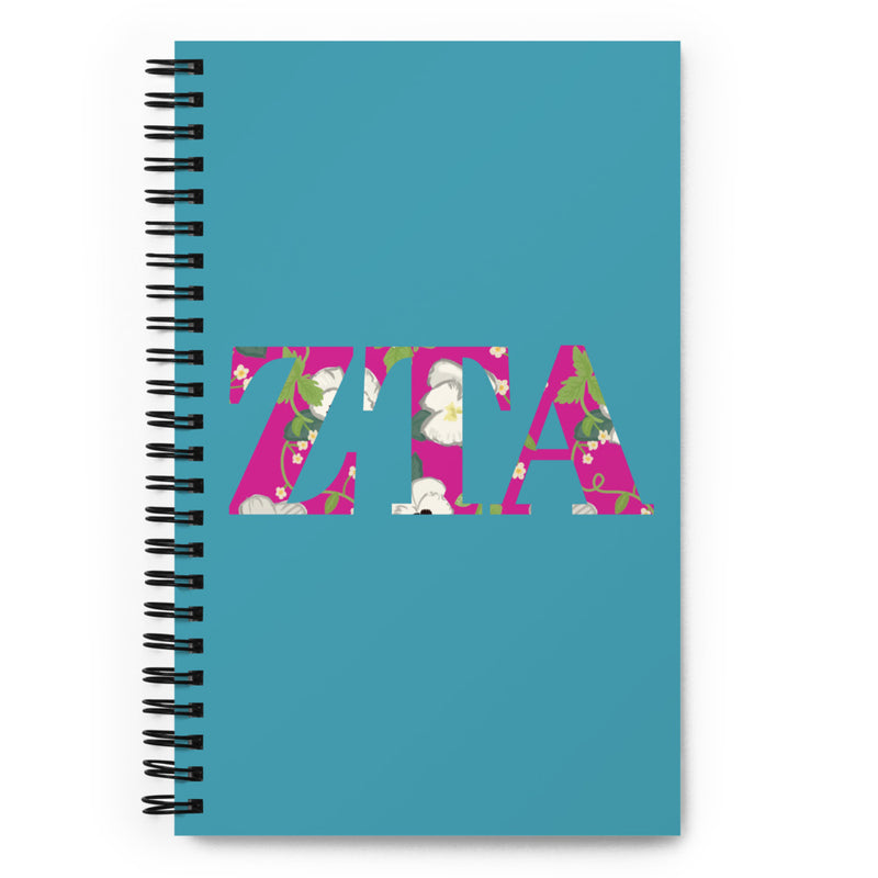 Zeta Tau Alpha Letters Spiral Notebook in Turquoise shown in full view