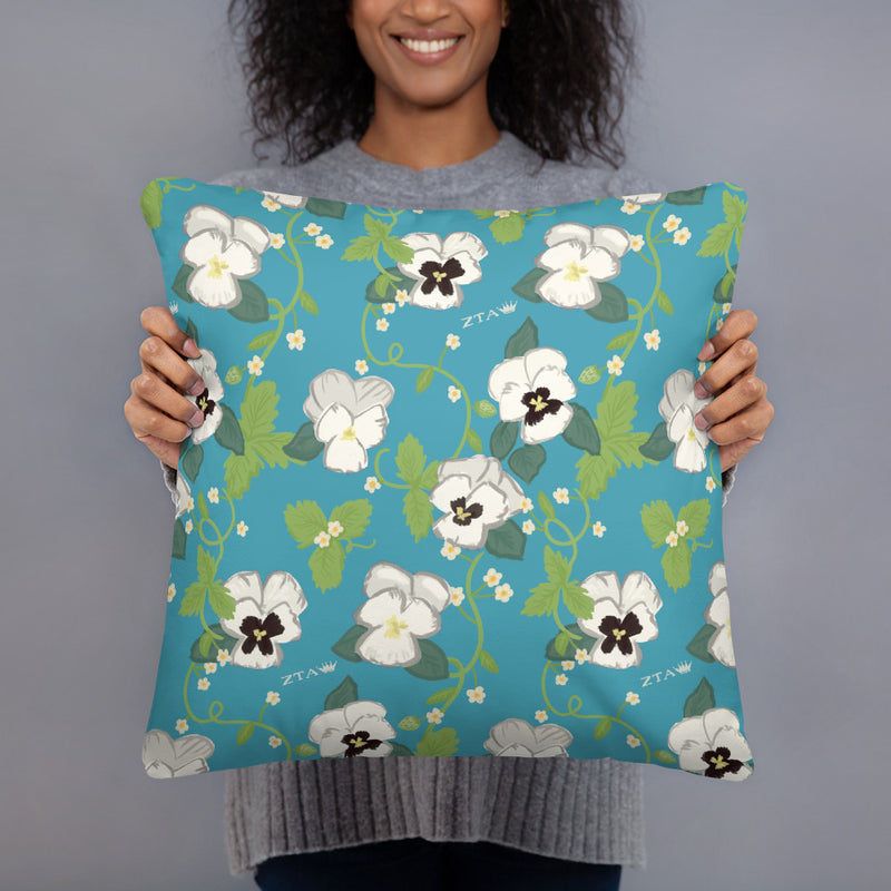 Zeta Tau Alpha Seek The Noblest Pillow showing print on reverse side of pillow