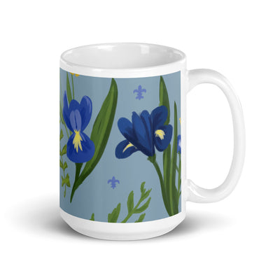 Kappa Kappa Gamma blue Fleur de Lis Floral Print Mug in 15 oz size with handle on right