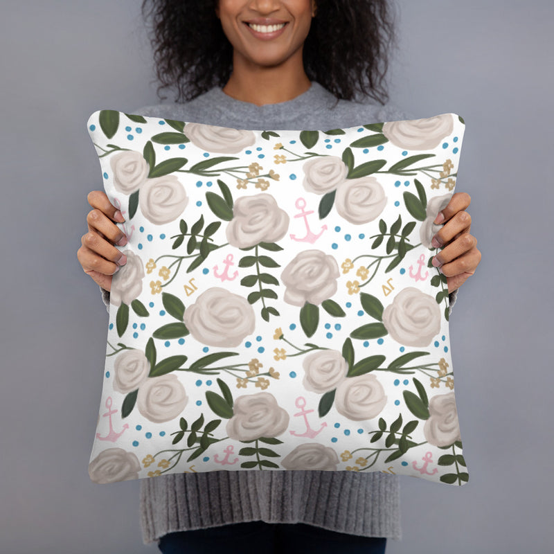 Delta Gamma Navy 150th Anniversary Two-Sided Pillow showing rose floral print on back