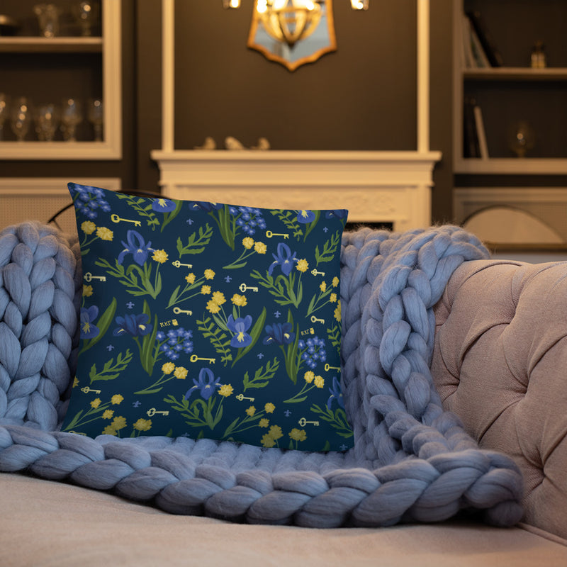 Back of Kappa Kappa Gamma Fleur de Lis and Key Pillow, Navy Blue showing floral print