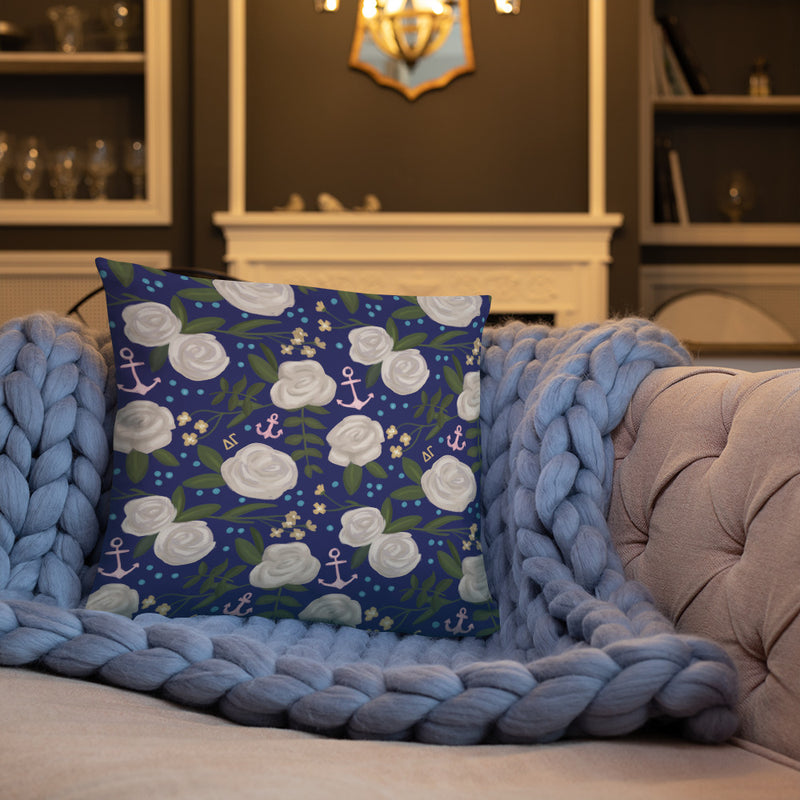 The back of our Hooked on DG pillow has our signature floral print shown on couch