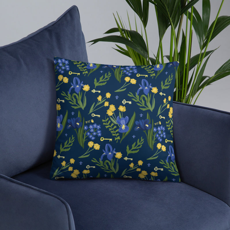 Back of Kappa Kappa Gamma Fleur de Lis and Key Pillow, Navy Blue showing floral print on chair