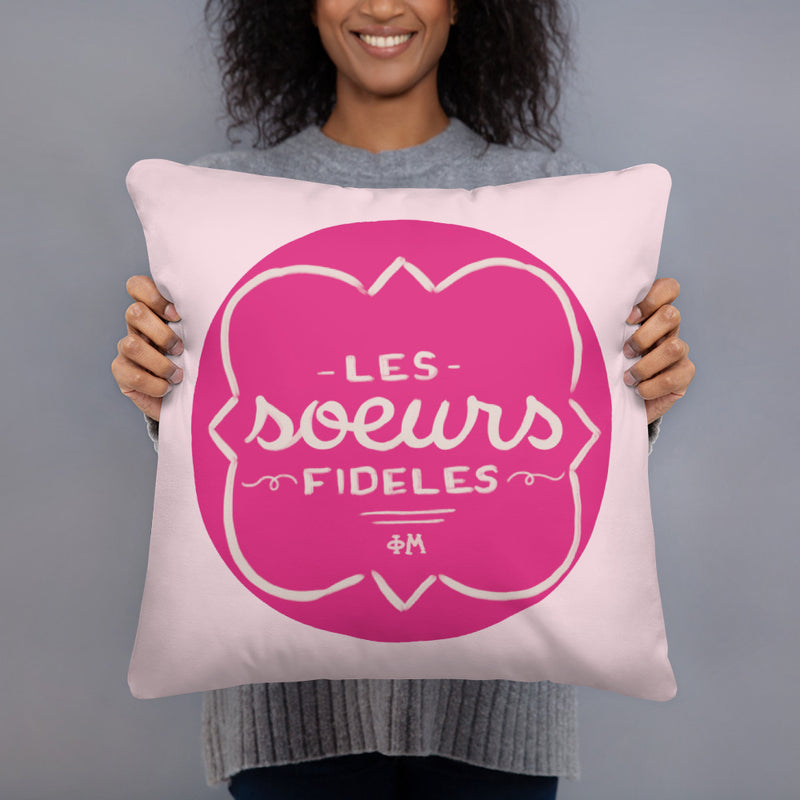 Phi Mu Motto Les Soeurs Fideles Throw Pillow in model&