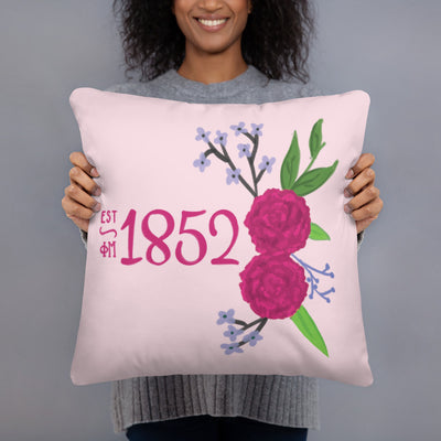 Phi Mu 1852 Founding Date Pillow showing hand drawn design