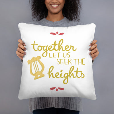 Alpha Chi Omega Together Let Us Seek The Heights White Pillow shown with woman holding it