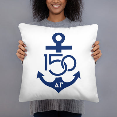 Delta Gamma Navy 150th Anniversary Two-Sided Pillow shown in woman's hands