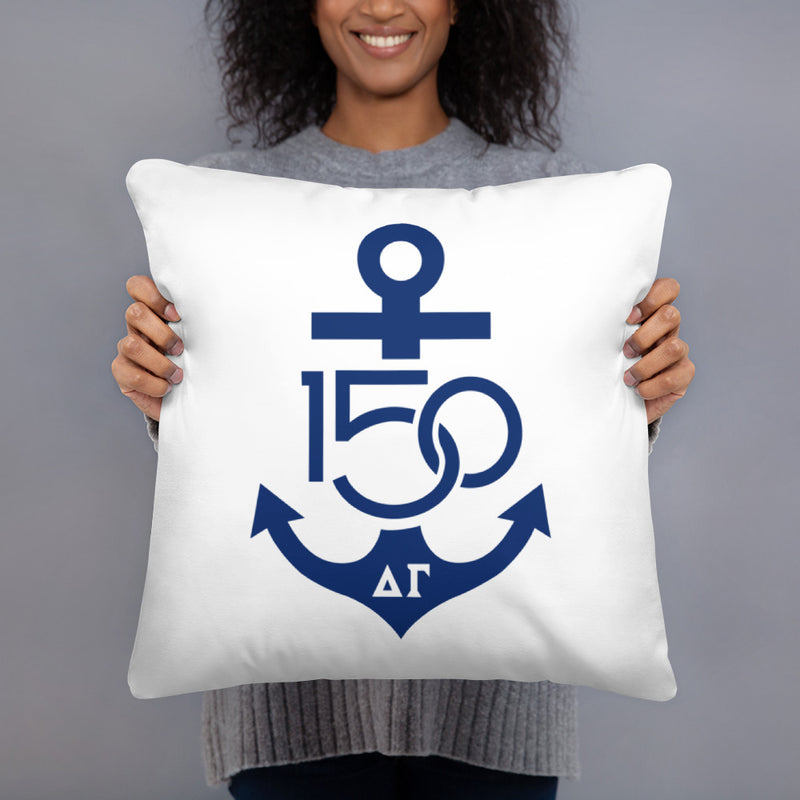 Delta Gamma Navy 150th Anniversary Two-Sided Pillow shown in woman&