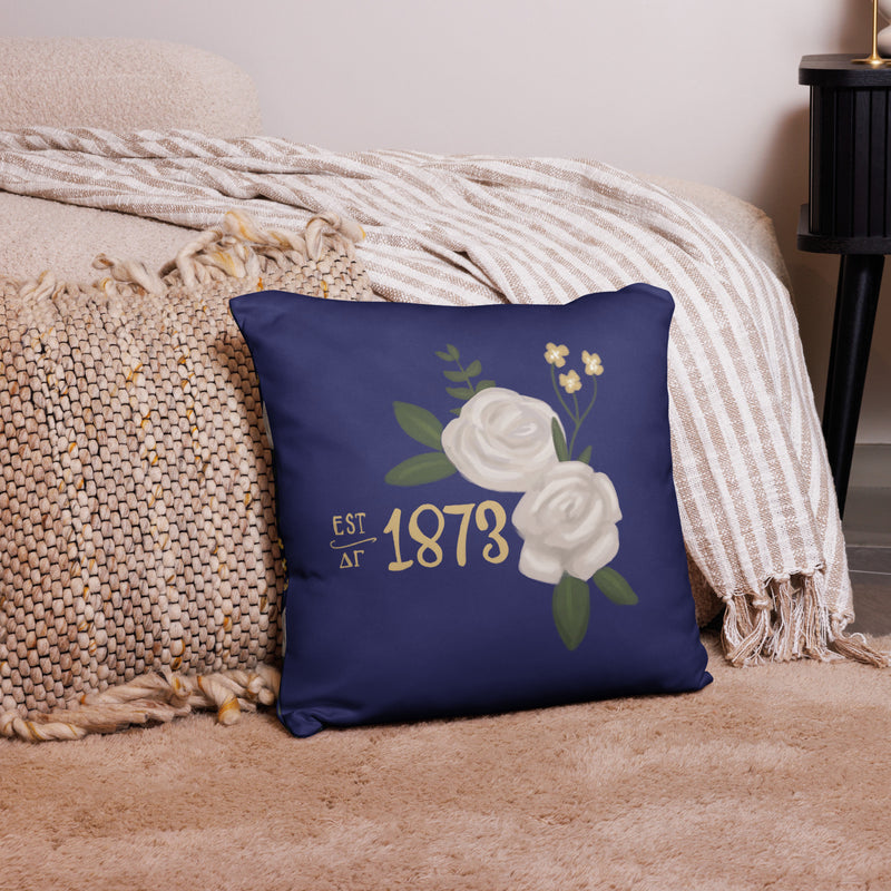 Dee Gee 1873 Founding Year Reversible Pillow shown on bed